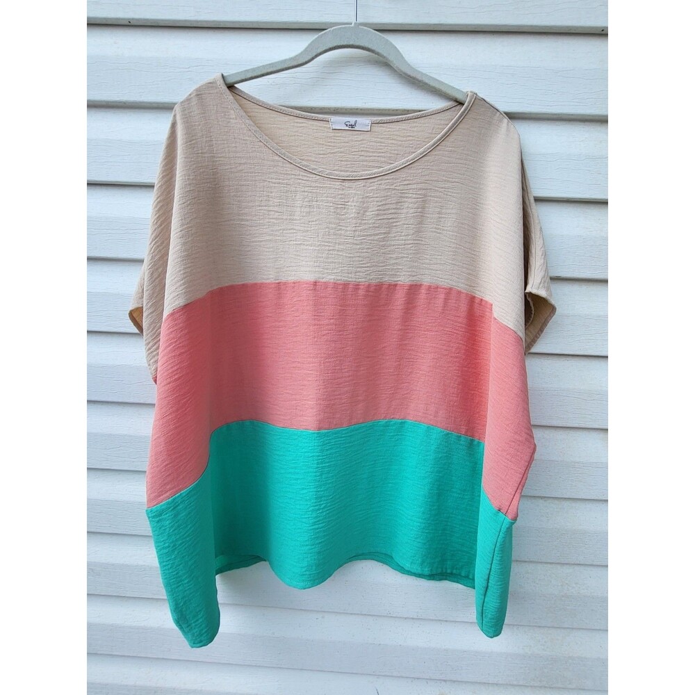 Easel Los Angeles Colorblock Oversized Top – Beige, Coral, & Teal Crepe B. Sz M